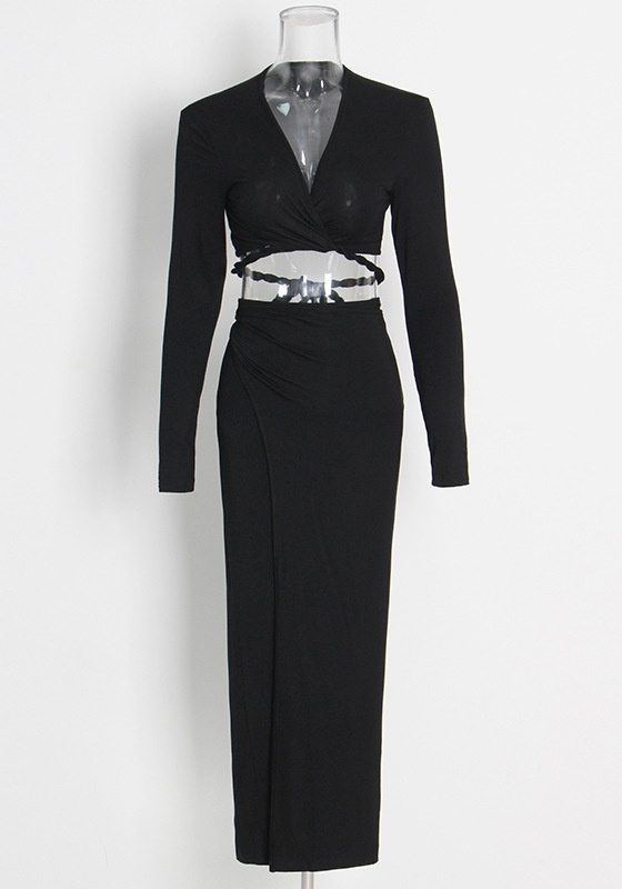 V-Neck Long-Sleeved Shirt High Waist Open Hip Skirt