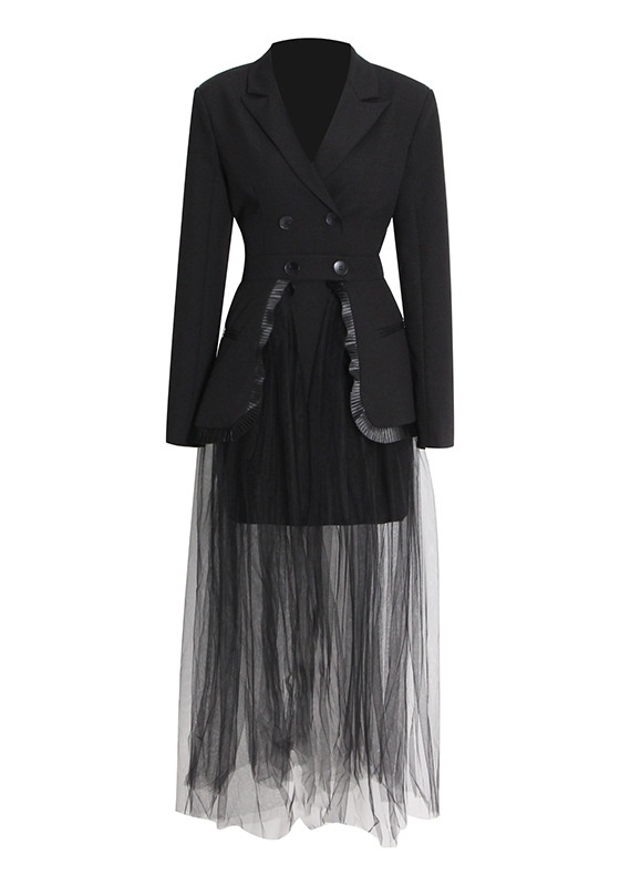 Button Suit + Long-Sleeved Mesh Half-Body Skirt