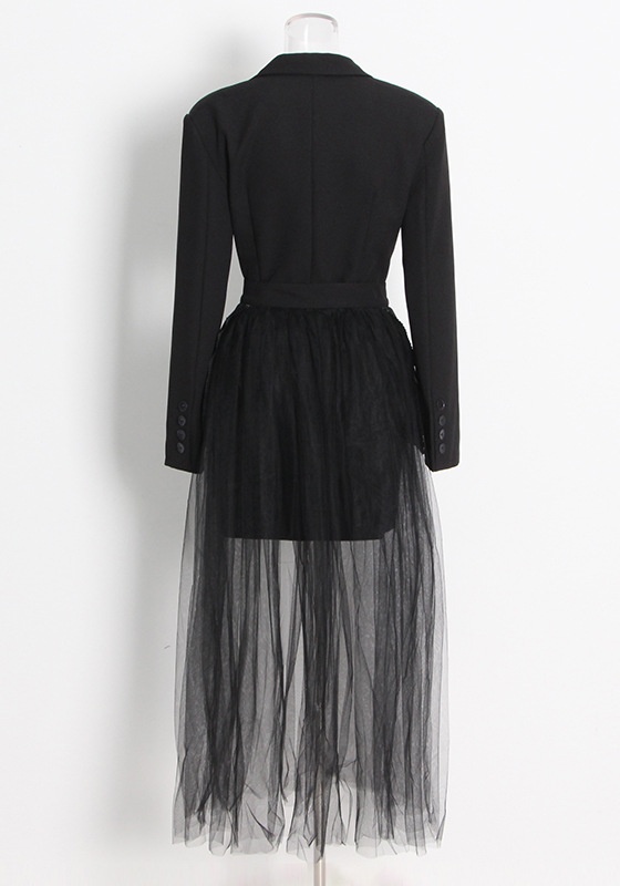Button Suit + Long-Sleeved Mesh Half-Body Skirt