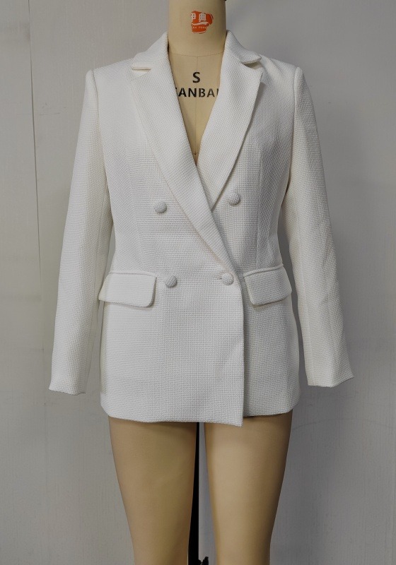 Textured White Double Breasted Blazer