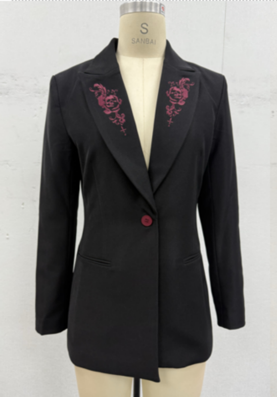 Lapel Embroidered Black Tailored Blazer