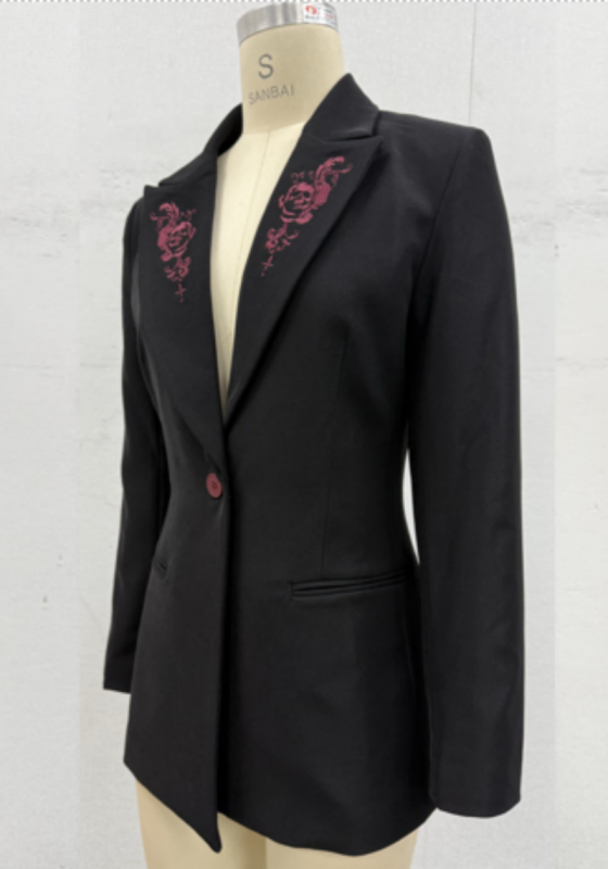 Lapel Embroidered Black Tailored Blazer