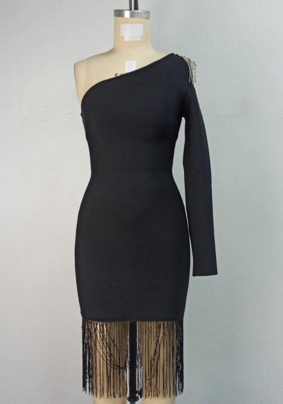 One Shoulder Tassel Trim Dress