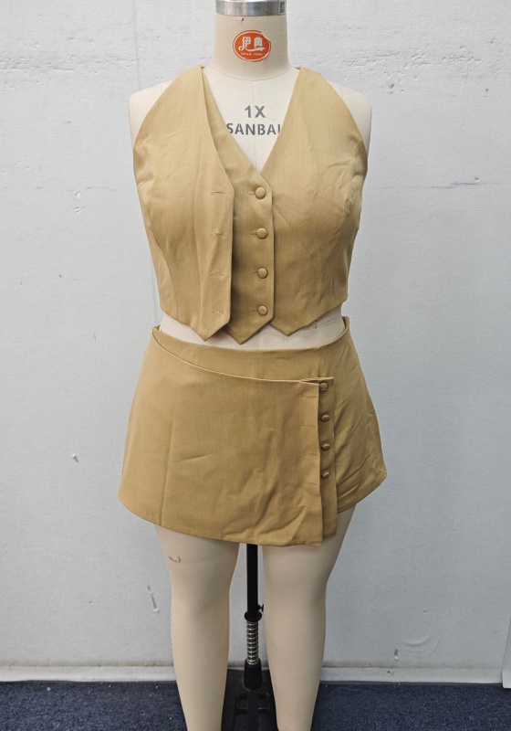 Khaki Vest and Asymmetric Skirt Set